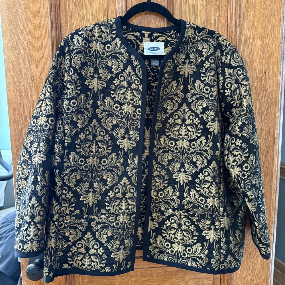 Old Navy Black and Gold Brocade Jacquard Open Front Blazer